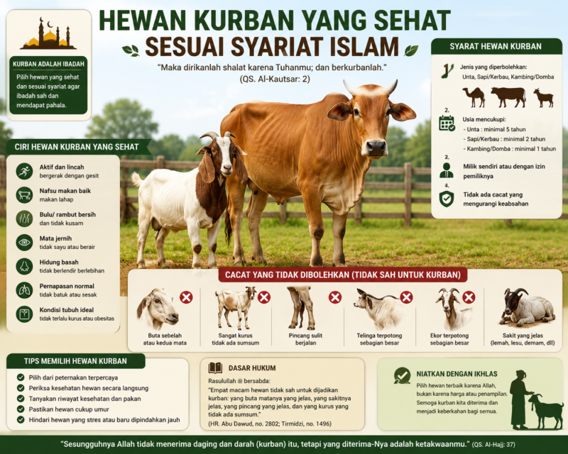 Tips memilih hewan kurban sehat sesuai syariat Islam, lengkap dengan ciri fisik, umur, dan dalil agar ibadah kurban sah dan berkualitas.( Ilustrasi Poto : chatGPT ).