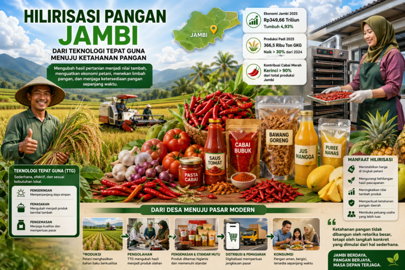 Hilirisasi pangan Jambi berbasis Teknologi Tepat Guna (TTG) menjadi solusi memperkuat ketahanan pangan, menekan limbah panen.( Ilustrasi Poto : AI )