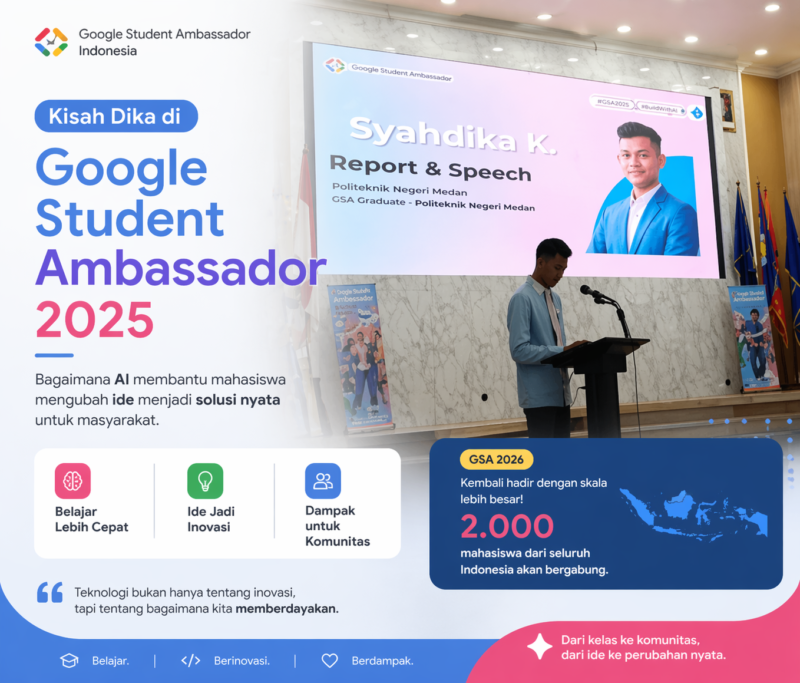 Kisah Dika di Google Student Ambassador 2025 menunjukkan bagaimana AI membantu mahasiswa menciptakan inovasi nyata dari kampus hingga masyarakat.( Poto : Tril Polmed )