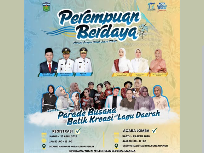 Parade Batik Sungai Penuh 2026 menampilkan kolaborasi UMKM dan desainer lokal di Gedung Nasional untuk dorong ekonomi kreatif dan budaya daerah.( Poto : Prokopim Kota Sungai Penuh ).