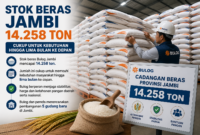 Bulog Jambi memastikan stok beras mencapai 14.258 ton yang cukup untuk memenuhi kebutuhan masyarakat hingga lima bulan ke depan. ( Poto : AI ).