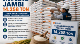 Bulog Jambi memastikan stok beras mencapai 14.258 ton yang cukup untuk memenuhi kebutuhan masyarakat hingga lima bulan ke depan. ( Poto : AI ).