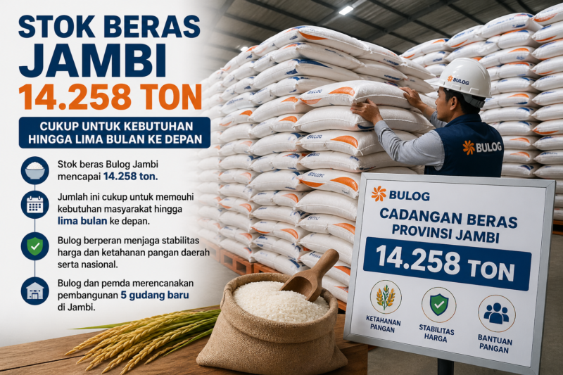 Bulog Jambi memastikan stok beras mencapai 14.258 ton yang cukup untuk memenuhi kebutuhan masyarakat hingga lima bulan ke depan. ( Poto : AI ).