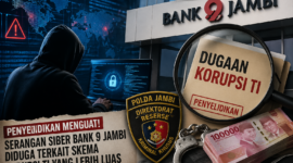 Penyelidikan kasus Bank 9 Jambi berkembang ke dugaan korupsi TI dan serangan siber.( Ilustrasi Poto : AI )