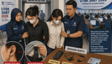 Dua wanita peserta UTBK SNBT 2026 di Unsulbar ditangkap saat mencoba kecurangan menggunakan alat komunikasi tersembunyi. Kasus ini diduga melibatkan sindikat joki ujian. ( Poto : AI )