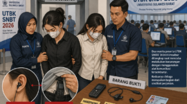 Dua wanita peserta UTBK SNBT 2026 di Unsulbar ditangkap saat mencoba kecurangan menggunakan alat komunikasi tersembunyi. Kasus ini diduga melibatkan sindikat joki ujian. ( Poto : AI )