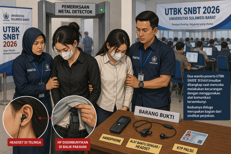Dua wanita peserta UTBK SNBT 2026 di Unsulbar ditangkap saat mencoba kecurangan menggunakan alat komunikasi tersembunyi. Kasus ini diduga melibatkan sindikat joki ujian. ( Poto : AI )