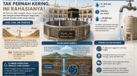 ilustrasi Air Zamzam mengalir hingga 660 liter per menit namun tidak pernah kering. Simak rahasia ilmiah dan kisah sejarah di balik keajaiban ini.( Poto : AI )