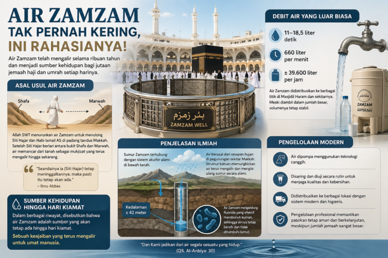 ilustrasi Air Zamzam mengalir hingga 660 liter per menit namun tidak pernah kering. Simak rahasia ilmiah dan kisah sejarah di balik keajaiban ini.( Poto : AI )