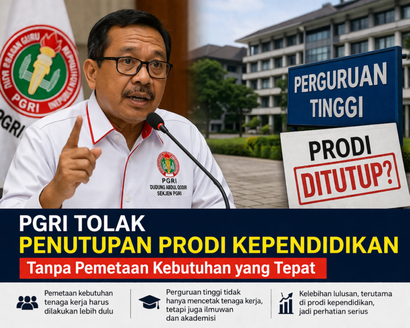 PGRI menolak rencana penutupan prodi kependidikan tanpa pemetaan kebutuhan. Kebijakan ini dinilai berisiko bagi masa depan tenaga guru.( Ilustrasi Poto : AI ).