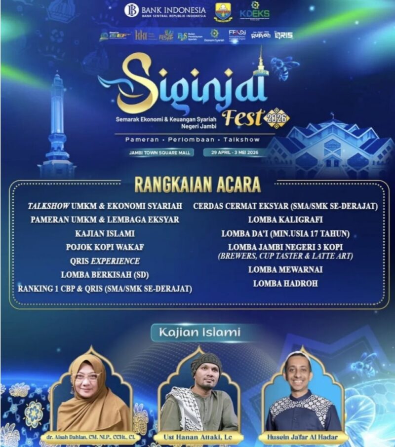 Siginjai Fest 2026 Jambi digelar BI Provinsi Jambi pada 29 April–3 Mei 2026 di Jambi Town Square. Acara ini menghadirkan 77 UMKM, pameran ekonomi syariah, talkshow, kajian Islam. ( Poto : IMC NEWS.ID ).