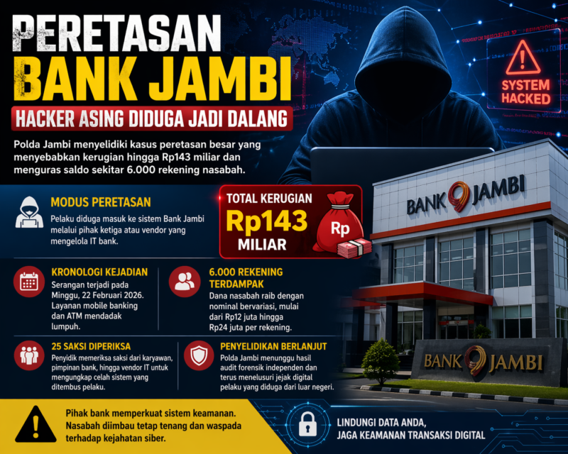 Polda Jambi menyelidiki peretasan Bank Jambi yang diduga dilakukan hacker asing. Sekitar 6.000 rekening nasabah terdampak dengan kerugian besar.( Poto : AI ).