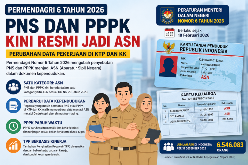 Permendagri 6 Tahun 2026 mengubah status PNS dan PPPK menjadi ASN di KTP dan KK.( ilustrasi poto : AI ).