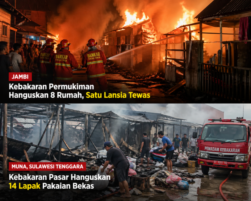 Ilustrasi Kebakaran permukiman dan pasar di Jambi dan Muna hanguskan rumah serta lapak, satu lansia tewas dan polisi selidiki penyebab.( Poto : AI )