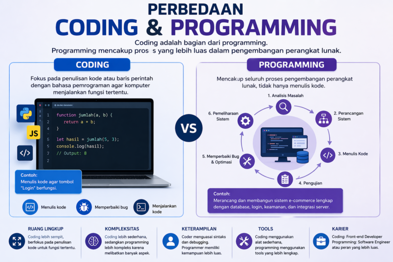 Ketahui perbedaan coding dan programming secara lengkap, mulai dari pengertian, ruang lingkup, hingga contoh penerapannya dalam dunia teknologi dan pengembangan software. ( AI )