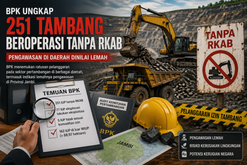 BPK mengungkap 251 IUP tambang beroperasi tanpa RKAB serta berbagai pelanggaran izin di daerah.( Poto : AI )