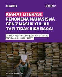 Mahasiswa Gen Z kesulitan membaca teks akademik menjadi sorotan dosen dan memicu perubahan metode belajar di kampus.( Ilustrasi Poto : ig.@jemberyangitu ).