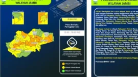 BMKG mengeluarkan peringatan dini cuaca Jambi hari ini. Hujan sedang hingga lebat disertai petir dan angin kencang diperkirakan melanda 52 kecamatan.( Poto : Tribun Jambi.com ).
