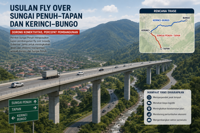 Ilustrasi pembangunan fly over Sungai Penuh–Tapan dan Kerinci–Bungo kini resmi masuk dalam agenda Pemerintah Provinsi Jambi.( Poto :chatGPT )