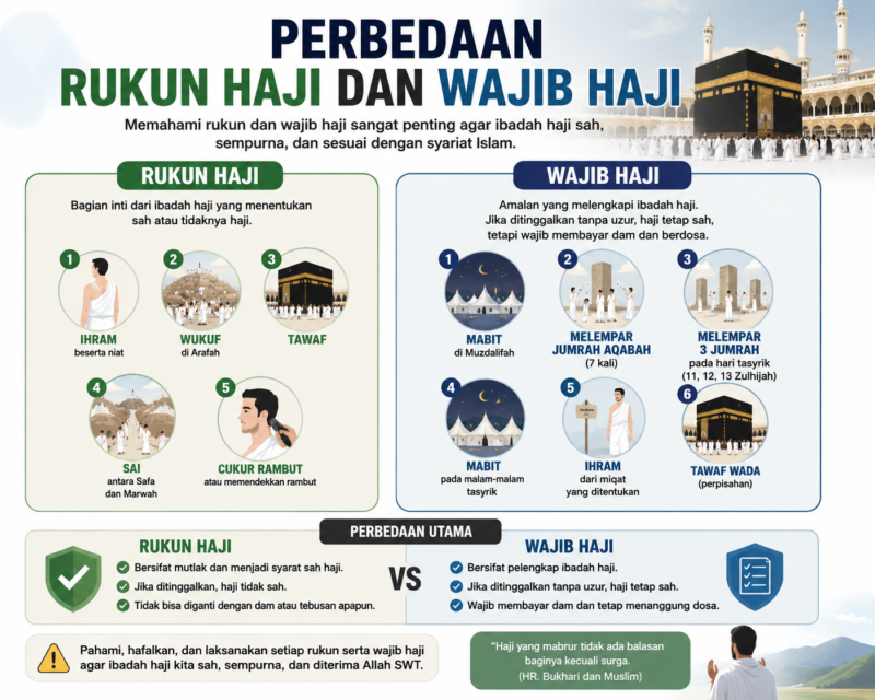 Perbedaan rukun haji dan wajib haji penting dipahami calon jemaah agar ibadah berjalan sah sesuai syariat Islam. Simak penjelasan lengkapnya di sini.( Poto : chatGPT ).