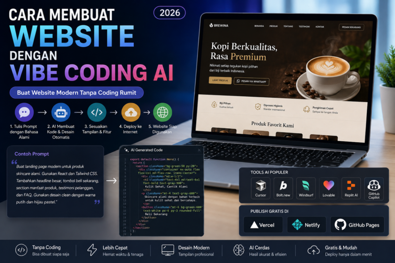 Pelajari cara membuat website dengan vibe coding AI secara praktis di tahun 2026. Mulai dari menulis prompt, memilih tools AI, hingga publish website tanpa coding rumit.( Poto : chatGPT ).