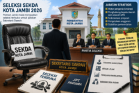 Pemkot Jambi mulai mempersiapkan seleksi Sekda 2026 melalui BKPSDMD. Proses lelang jabatan dilakukan secara terbuka sesuai aturan nasional dan diprediksi berlangsung ketat.( ilustrasi Poto : chatGPT ).