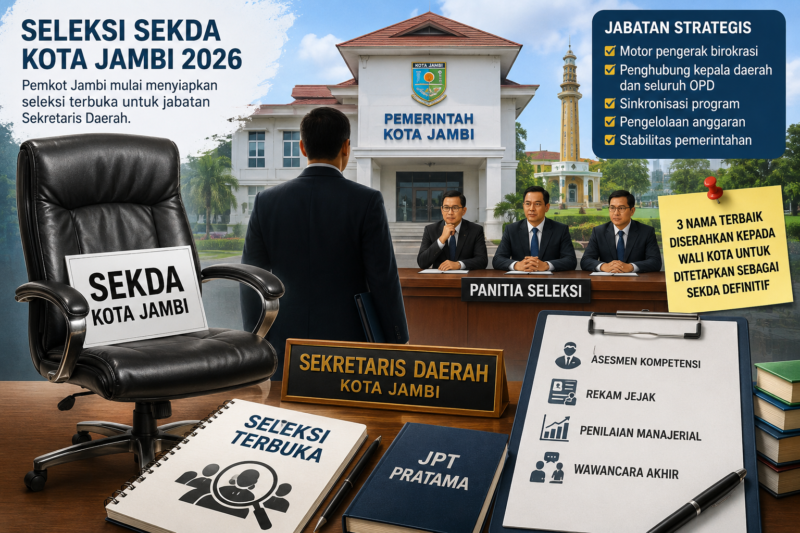 Pemkot Jambi mulai mempersiapkan seleksi Sekda 2026 melalui BKPSDMD. Proses lelang jabatan dilakukan secara terbuka sesuai aturan nasional dan diprediksi berlangsung ketat.( ilustrasi Poto : chatGPT ).