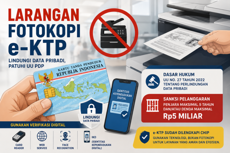 Kemendagri melarang fotokopi e-KTP karena berisiko melanggar UU Perlindungan Data Pribadi. Pemerintah mendorong verifikasi digital seperti card reader dan IKD.( Ilustrasi Poto : AI ).