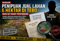 Kasus penipuan jual lahan di Tebo seluas 6 hektar naik ke tahap penyidikan oleh Polres Tebo dengan dugaan keterlibatan oknum kepala desa.(ilustrasi poto : chatGPT ).