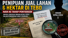 Kasus penipuan jual lahan di Tebo seluas 6 hektar naik ke tahap penyidikan oleh Polres Tebo dengan dugaan keterlibatan oknum kepala desa.(ilustrasi poto : chatGPT ).