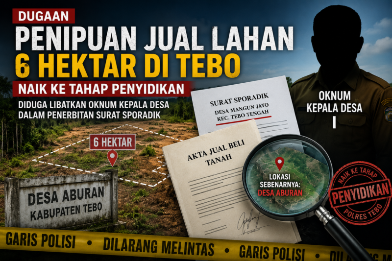 Kasus penipuan jual lahan di Tebo seluas 6 hektar naik ke tahap penyidikan oleh Polres Tebo dengan dugaan keterlibatan oknum kepala desa.(ilustrasi poto : chatGPT ).