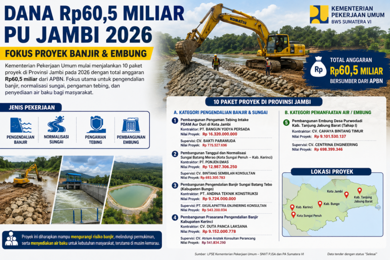 Infografik proyek PU Jambi 2026 Rp60,5 miliar fokus banjir, sungai, dan embung di Provinsi Jambi.( Ilustrasi Poto : chatGPT ).