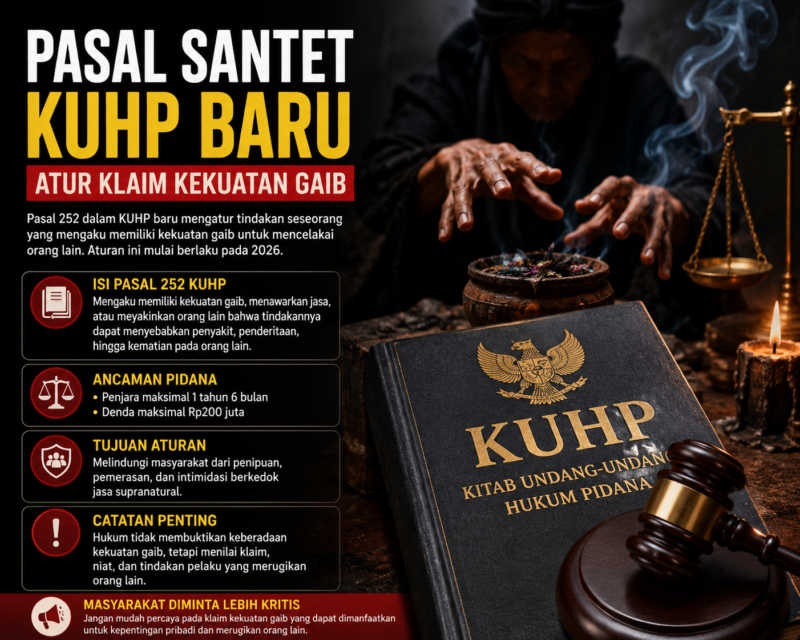 Pasal 252 KUHP baru atau Pasal Santet mengatur klaim kekuatan gaib yang dapat merugikan orang lain. Simak isi aturan, sanksi, dan tujuan hukumnya di Indonesia.( Poto : chatGPT).