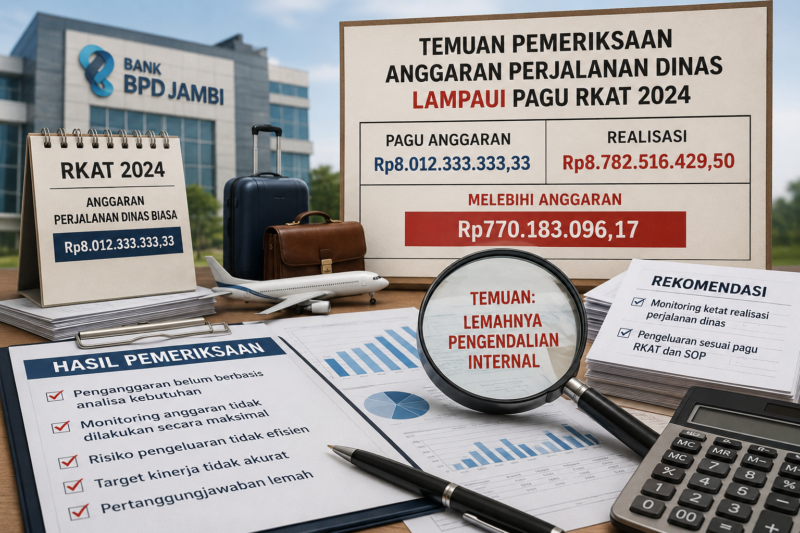 Temuan pemeriksaan mengungkap anggaran perjalanan dinas PT BPD Jambi tahun 2024 melampaui pagu RKAT hingga Rp770 juta.( Ilustrasi Poto : AI )