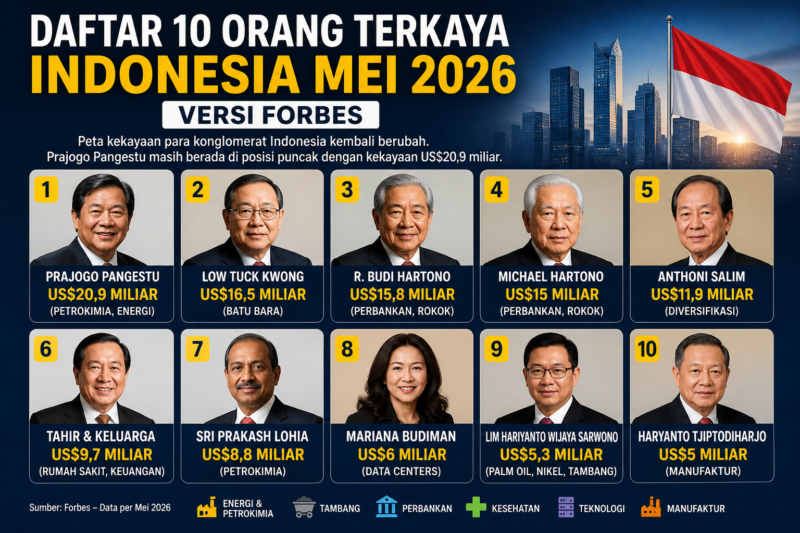 Daftar orang terkaya Indonesia 2026 versi Forbes menampilkan Prajogo Pangestu di posisi puncak, disusul Low Tuck Kwong dan keluarga Hartono.( Poto : AI )