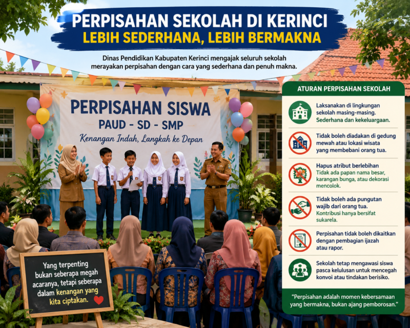 Dinas Pendidikan Kerinci mengubah aturan perpisahan sekolah menjadi lebih sederhana tanpa biaya tinggi, melarang pungutan dan acara mewah di PAUD hingga SMP.( Ilustrasi Poto : AI ).