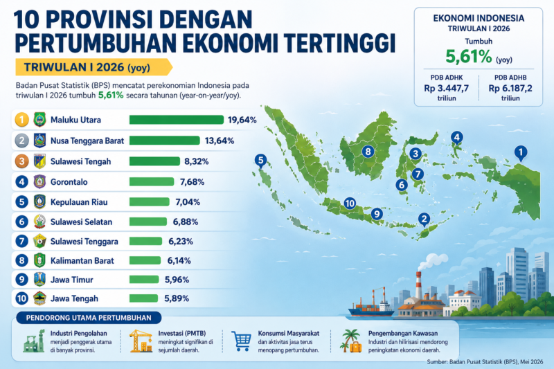 Daftar provinsi dengan pertumbuhan ekonomi tertinggi 2026 dirilis BPS. Maluku Utara memimpin dengan pertumbuhan 19,64 persen, disusul NTB dan Sulawesi Tengah.( Poto : chatGPT ).
