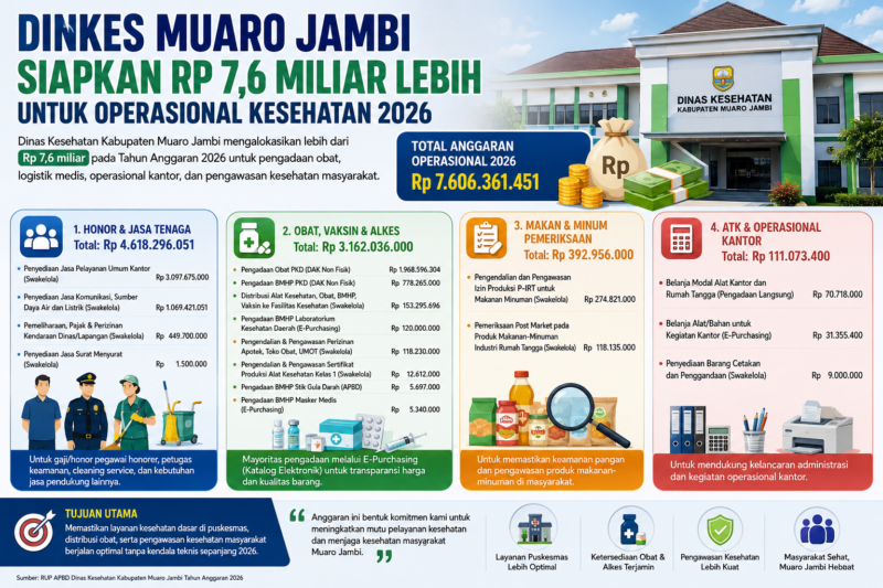Dinkes Muaro Jambi mengalokasikan lebih dari Rp 7,6 miliar pada 2026 untuk pengadaan obat, BMHP, operasional kantor, dan pengawasan pangan melalui RUP APBD.( Poto : chatGPT ).