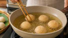 Onde-onde tradisional tetap digemari masyarakat Indonesia. Simak cara membuat onde-onde agar tidak pecah saat digoreng.( Poto : AI ).