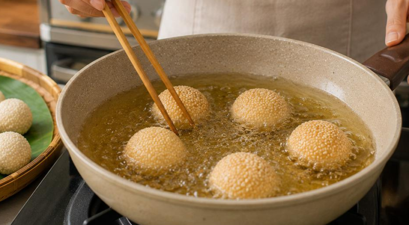 Onde-onde tradisional tetap digemari masyarakat Indonesia. Simak cara membuat onde-onde agar tidak pecah saat digoreng.( Poto : AI ).