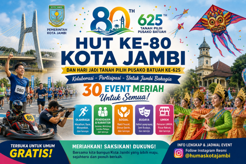 Pemkot Jambi menggelar 30 event kolaboratif untuk merayakan HUT ke-80 dan Hari Jadi Kota Jambi 2026 bersama masyarakat dan UMKM.( Poto : AI)