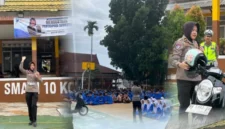 Direktorat Lalu Lintas Polda Jambi menggelar program Police Go To School untuk memberikan edukasi keselamatan berlalu lintas kepada pelajar.( SAKATOJAMBI.COM ).