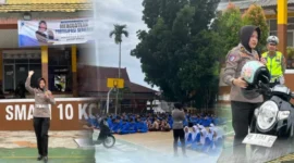 Direktorat Lalu Lintas Polda Jambi menggelar program Police Go To School untuk memberikan edukasi keselamatan berlalu lintas kepada pelajar.( SAKATOJAMBI.COM ).