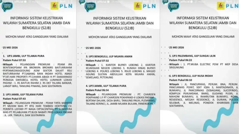 jadwal pemadaman listrik PLN( Poto : tribunjambi.com ).