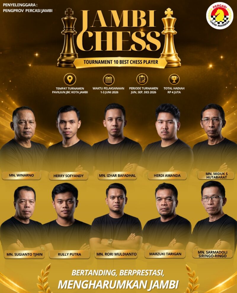 Sebanyak 10 pecatur terbaik bakal bertanding dalam turnamen catur kandidat Jambi yang berlangsung pada 1-3 Juni 2026 di Paviliun JBC.( Poto : pariwarajambi.com )