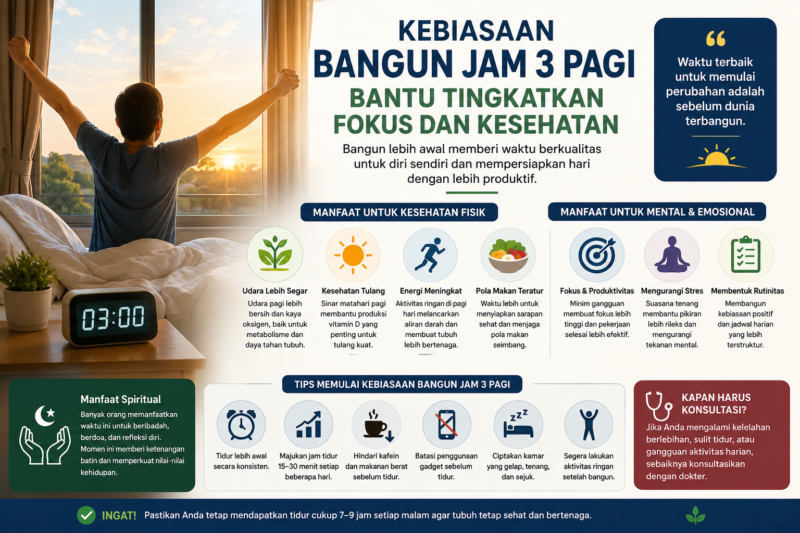 Kebiasaan bangun jam 3 pagi dipercaya membantu meningkatkan fokus, kesehatan fisik, produktivitas, serta ketenangan mental. ( Ilustrasi Poto : AI )