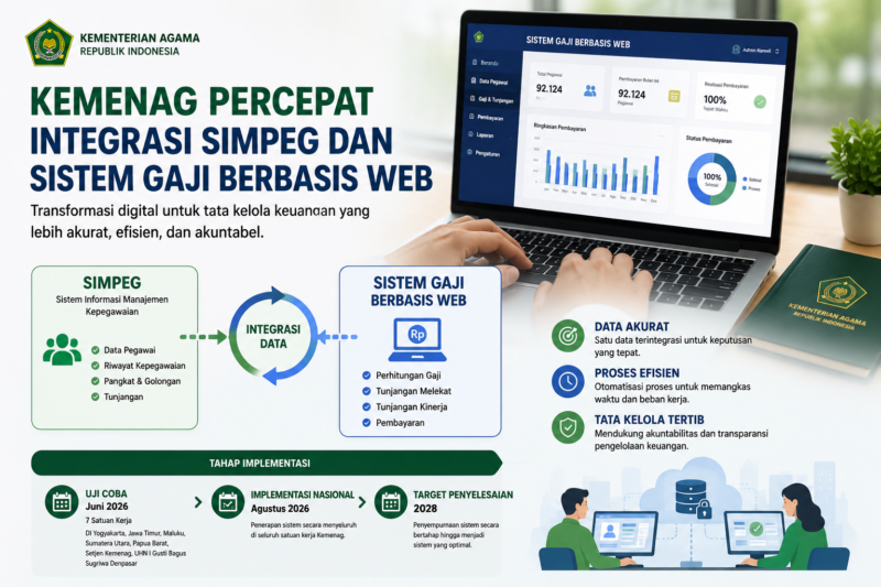 Kemenag mempercepat integrasi SIMPEG dengan sistem gaji berbasis web untuk meningkatkan akurasi data pegawai. ( Ilustrasi Poto : AI )