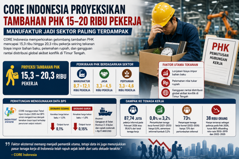 CORE Indonesia melihat risiko PHK tambahan masih terbuka akibat tekanan global dan domestik.( Poto : chatGPT )