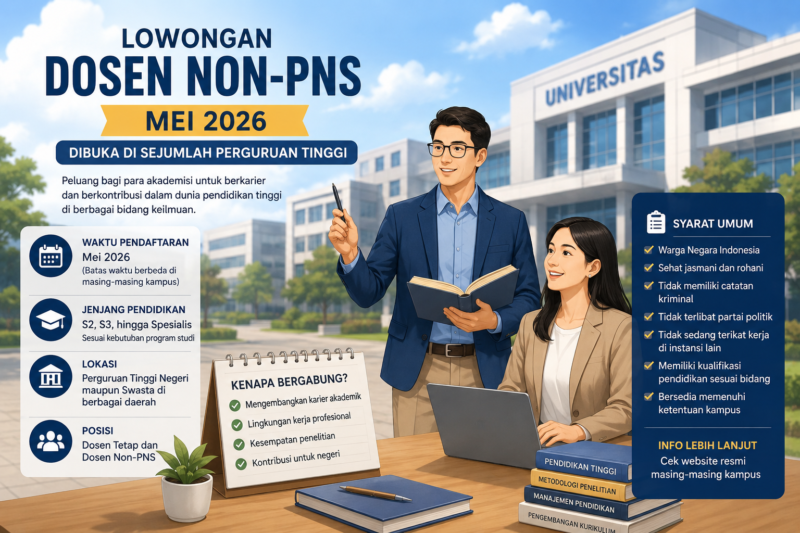 Sejumlah perguruan tinggi membuka lowongan dosen non-PNS pada Mei 2026. Rekrutmen ini menjadi peluang bagi akademisi untuk berkarier di PTN dan PTS.( Poto : AI ).