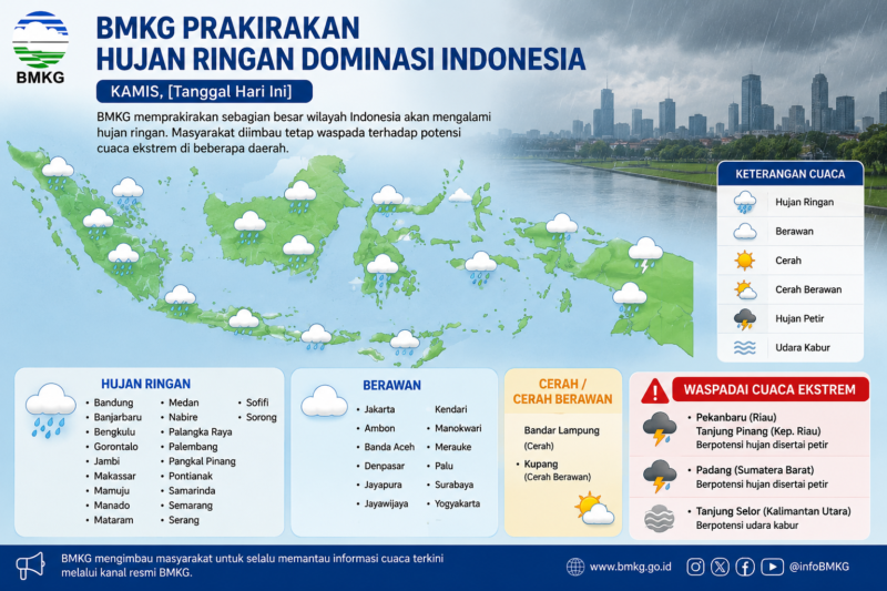 BMKG memprakirakan hujan ringan mendominasi sebagian besar wilayah Indonesia pada Kamis, dengan sejumlah daerah berpotensi hujan petir dan cuaca ekstrem yang perlu diwaspadai masyarakat.( Ilustrasi Poto : chatGPT ).